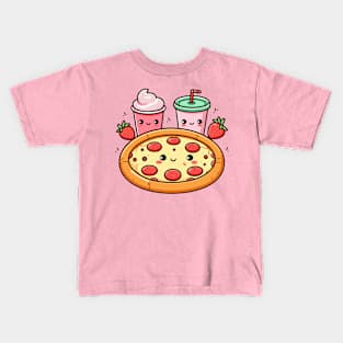 Kawaii Pizza Party with Pepperoni Pizza, Strawberry Ice Cream, and Drink | Kawaii Food Art Kids T-Shirt